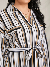 Plus Size Lapel Collar Striped Belt Design Long Sleeves Dress